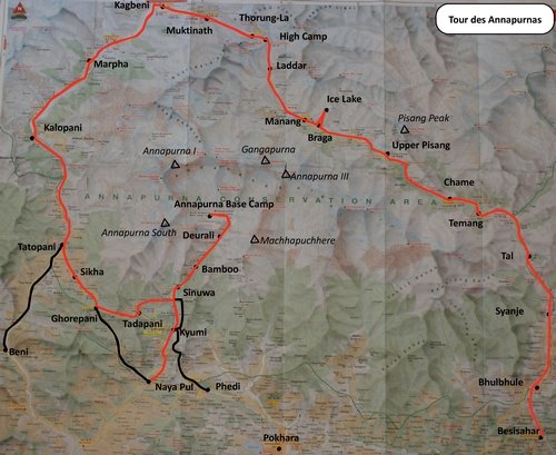 Tour des Annapurnas, présentation des étapes carte tour des annapurnas petite