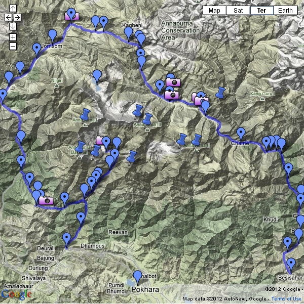 Etapes du tour des Annapurnas : Googlemap interactive